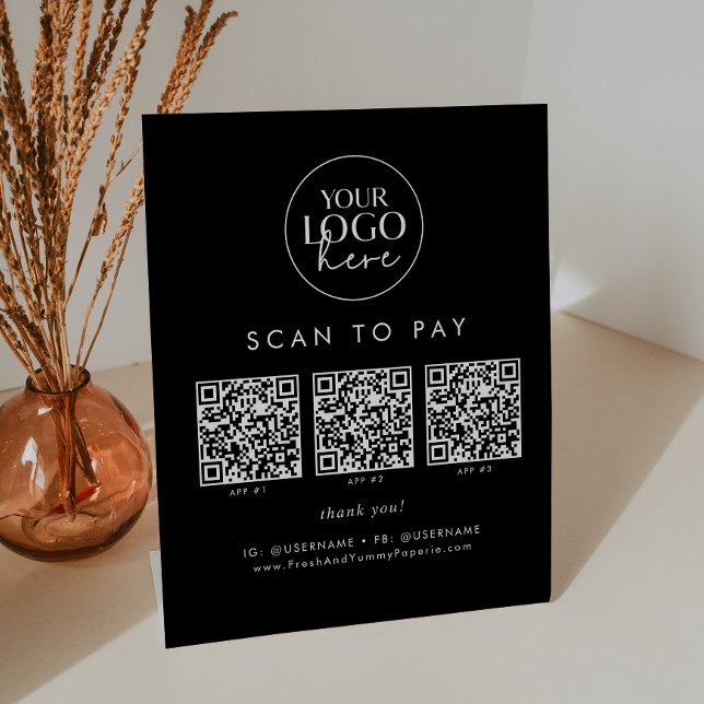 Chic Black Business Logo QR Code Scan zu bezahlen Sockelschild (Von Creator hochgeladen)