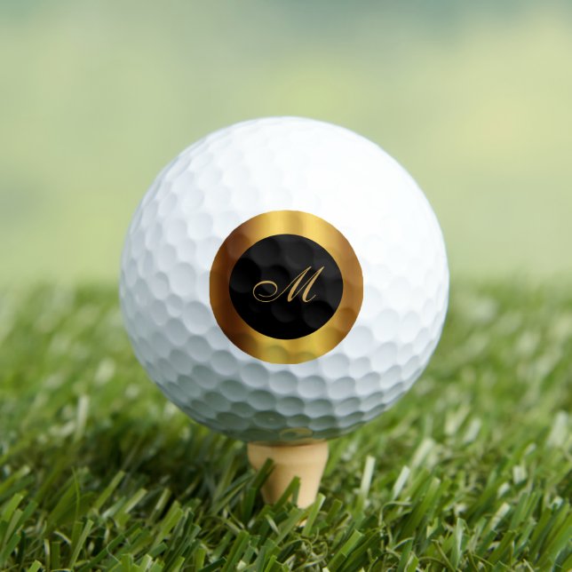 Chic Black Calligraphy Gold Border Monogram Golfball (Insitu T-Shirt)