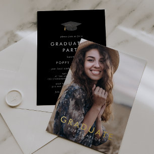 Chic Black Cap Gold Foil Foto Graduation Party Folieneinladung