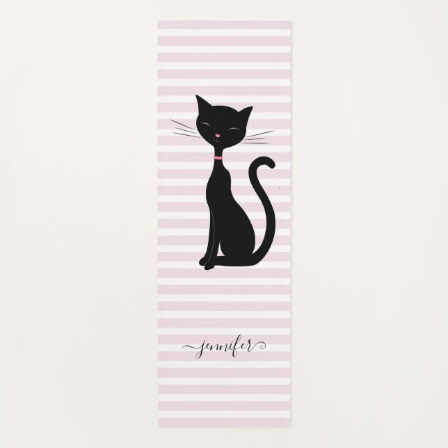 Chic Black Cat Personalisiert Name Rosa Streifen Yogamatte (Vorderseite)