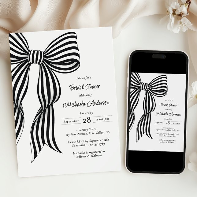 Chic Black Coquette Bow Striped Bridal Shower Invi Einladung (Von Creator hochgeladen)