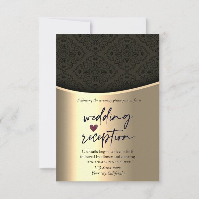 Chic Black Damask Gold Hochzeitsempfang Einladung (Vorderseite)