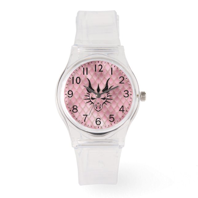 Chic Black Dragon Head & Pink Dragon Scales Armbanduhr (Vorderseite)