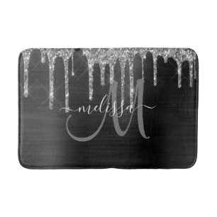 Chic Black Dripping Glitzer Brush Metal Monogram Badematte
