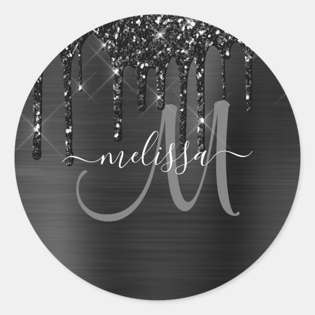 Chic Black Dripping Glitzer Brushed Metal Monogram Runder Aufkleber (Vorderseite)