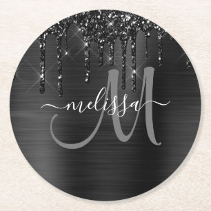 Chic Black Dripping Glitzer Brushed Metal Monogram Runder Pappuntersetzer