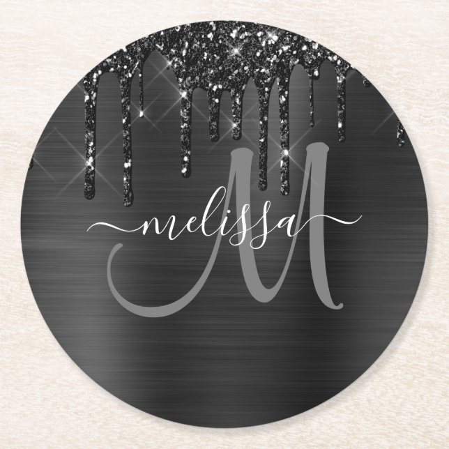 Chic Black Dripping Glitzer Brushed Metal Monogram Runder Pappuntersetzer (Vorderseite)