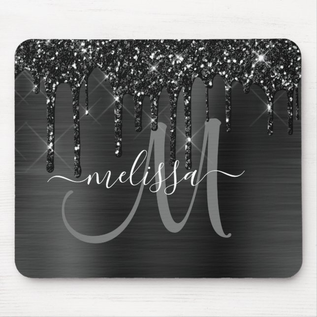 Chic Black Dripping Glitzer Metal Monogram Mousepad (Vorne)