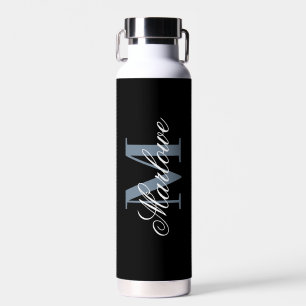 Chic Black Dusty Blue Monogram Calligraphy Trinkflasche