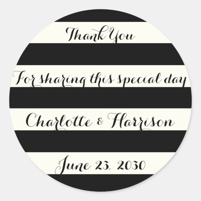 Chic Black Elfenbein Streifen Skript Hochzeitsgesc Runder Aufkleber (Vorderseite)