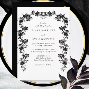 Chic Black Enchanting Botanical Garlands Wedding Einladung