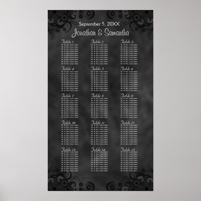 Chic Black Floral 15 Hochzeitstabellen Sitzplan Poster (Vorne)
