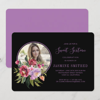 Chic Black Floral Themed Foto Sweet 16 Einladung