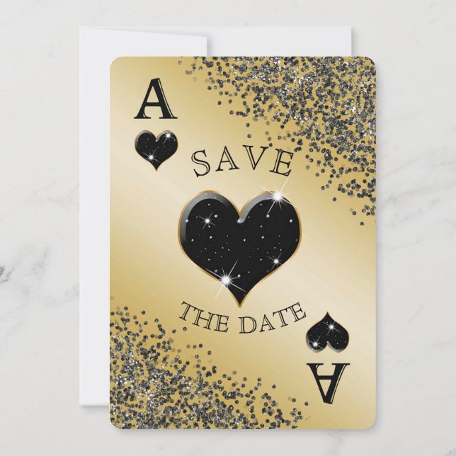 Chic Black Glitzer & Ace of Hearts Save the Date Einladung (Rückseite)