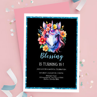 Chic Black Glitzer Einhorn Geburtstag Einladung