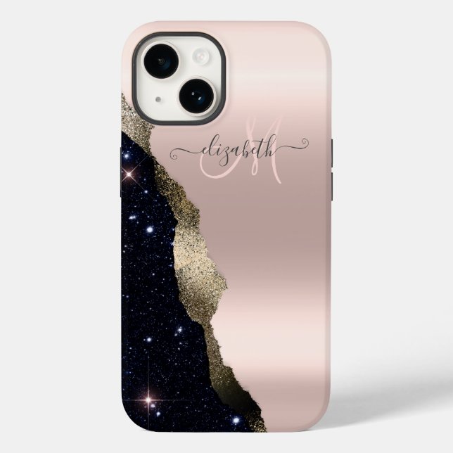 Chic Black Glitzer Rose Gold Monogram Case-Mate iPhone Hülle (Rückseite)