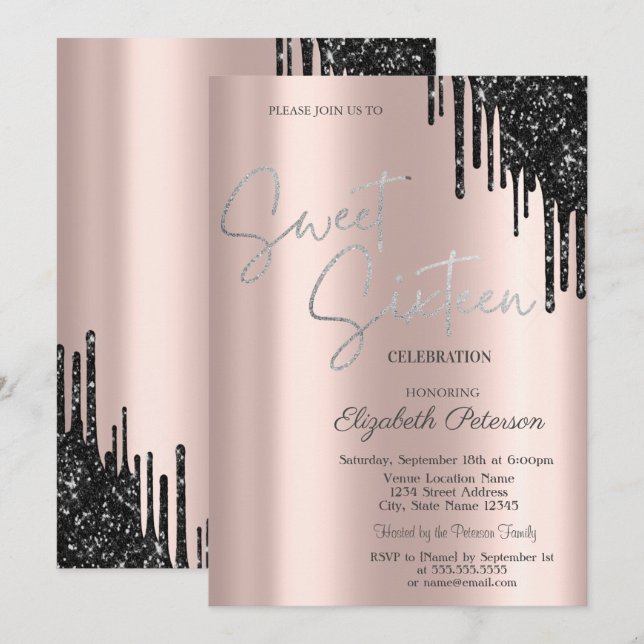 Chic Black Glitzer Tropfen, Rose Gold Sweet 16 Einladung (Vorne/Hinten)