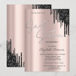 Chic Black Glitzer Tropfen, Rose Gold Sweet 16 Einladung