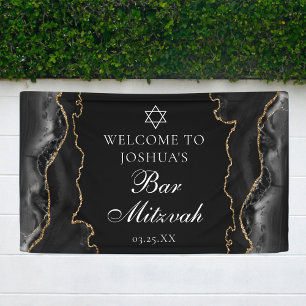 Chic Black Gold Agate Bar Mitzvah Party Banner