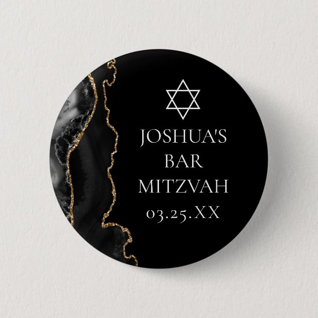 Chic Black Gold Agate Bar Mitzvah Party Button (Vorderseite)