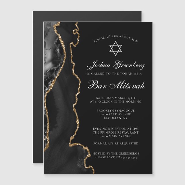 Chic Black Gold Agate Bar Mitzvah Party Magneteinladung (Vorne/Hinten)