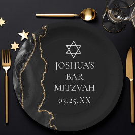 Chic Black Gold Agate Bar Mitzvah Party Pappteller