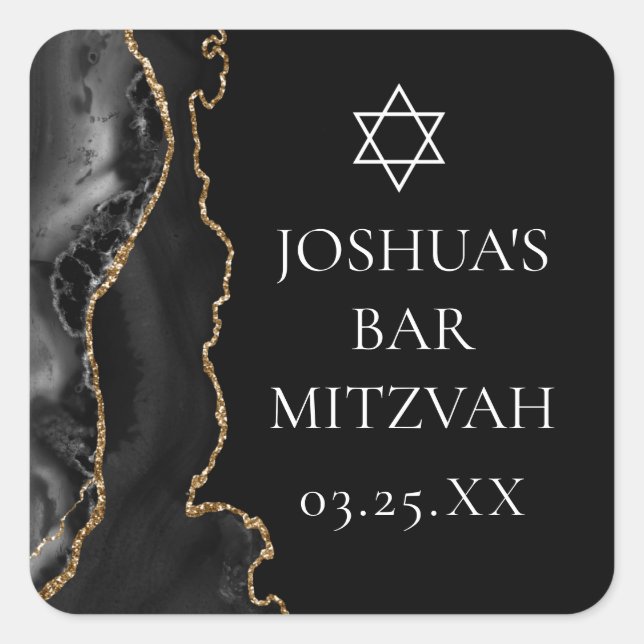 Chic Black Gold Agate Bar Mitzvah Party Quadratischer Aufkleber (Vorderseite)