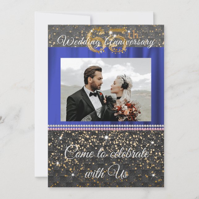 Chic Black Gold Blue Silk 65. Hochzeitstag Einladung (Vorderseite)