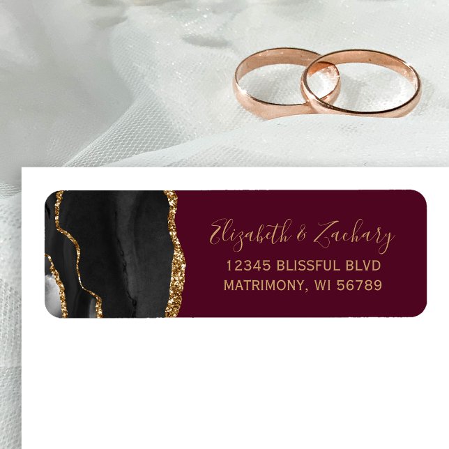 Chic Black Gold Burgundy Wedding Rücksendeadresse (Von Creator hochgeladen)