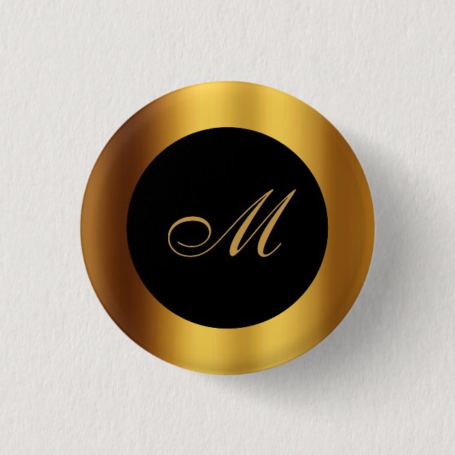 Chic Black Gold Calligraphy Border Monogram Button (Vorderseite)