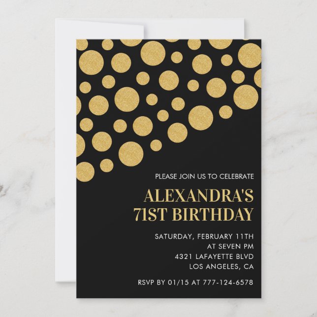 Chic Black Gold Confetti 71. Geburtstag Einladung (Vorderseite)