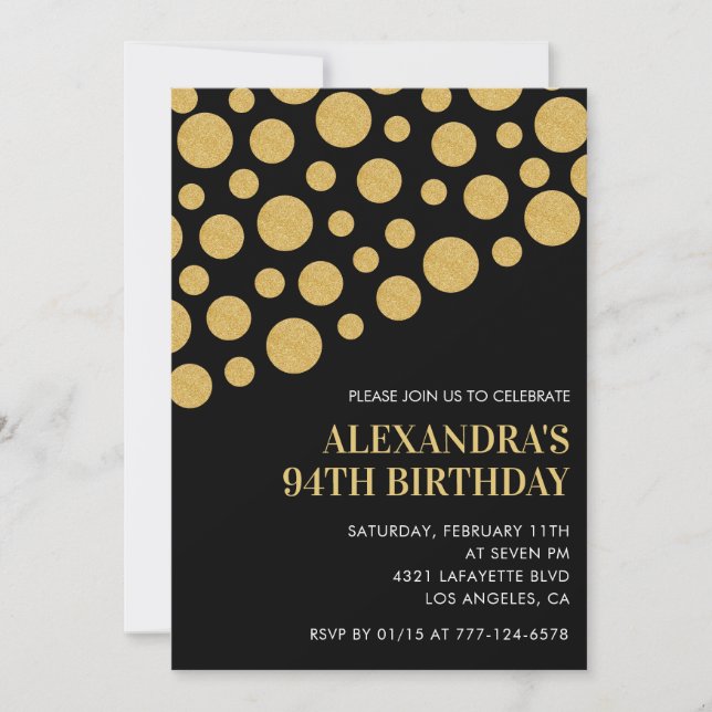 Chic Black Gold Confetti 94. Geburtstag Einladung (Vorderseite)