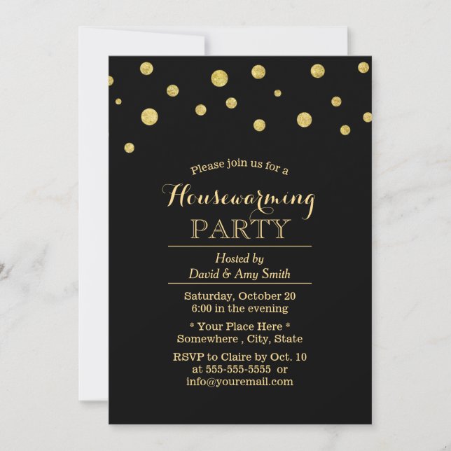Chic Black & Gold Confetti Dots Housewarming Einladung (Vorderseite)