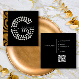 Chic Black Gold Diamond Initial G Monogram QR Code Quadratische Visitenkarte