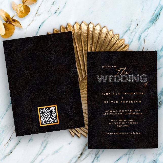 Chic Black Gold Einladung mit QR Code (Front / Back)