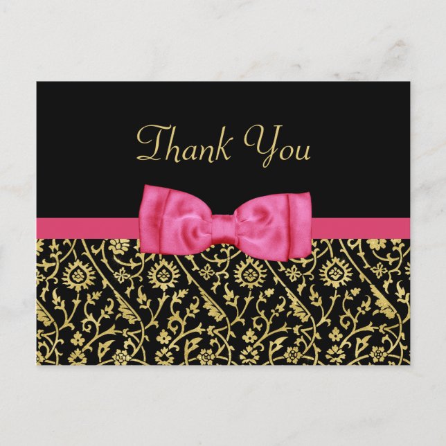 Chic Black Gold Floral Damask Pink Bogen Vielen Da Postkarte (Vorderseite)