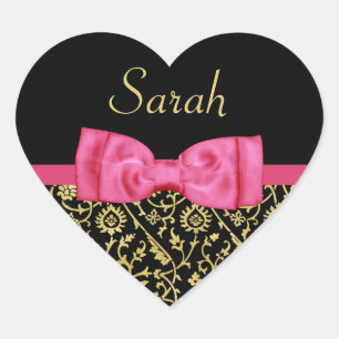 Chic Black Gold Floral Damask Pink Bow und Name Herz-Aufkleber