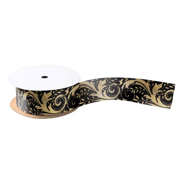 Chic Black Gold Floral Scroll Modernes Design Satinband (Spule)