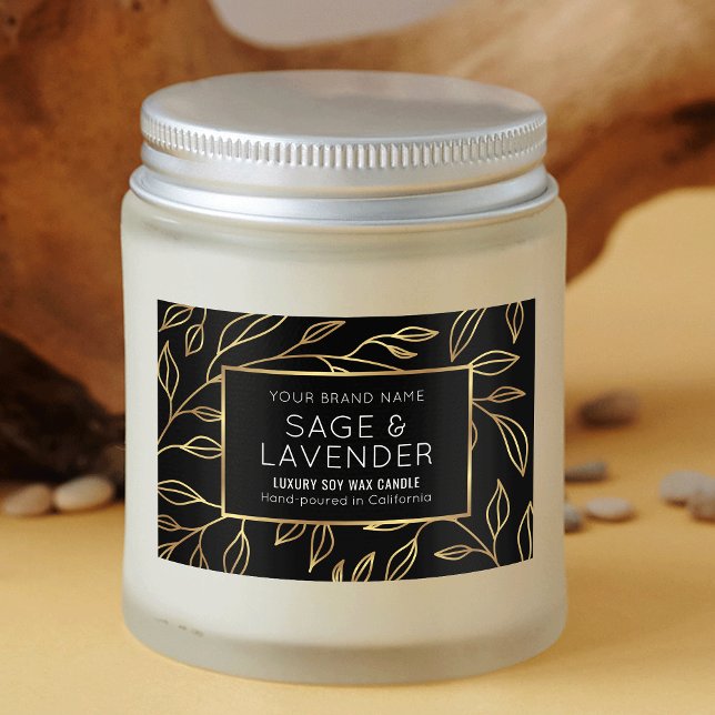 Chic Black & Gold Floral Waterproof Product Label Lebensmitteletikett (Black and gold floral rectangle product label design with faux gold effects and modern typography)