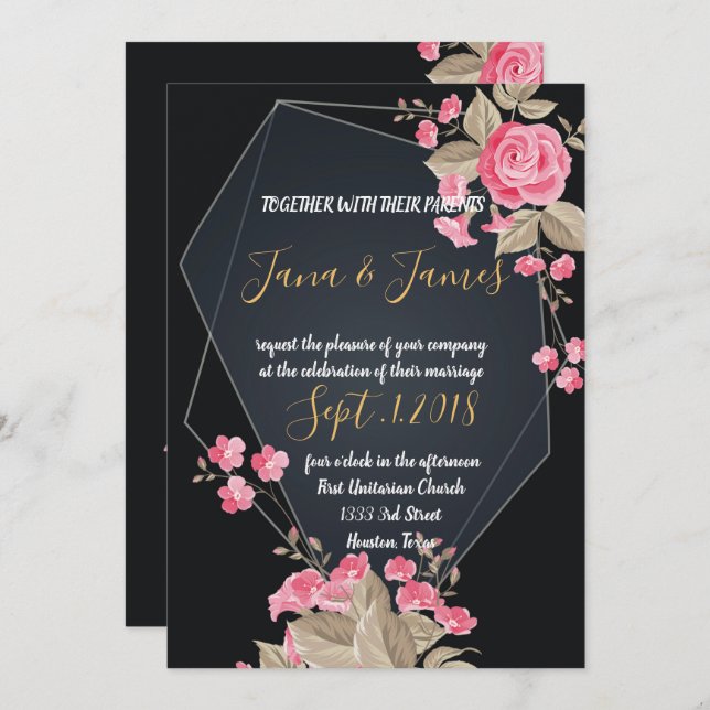 Chic Black & Gold Geometric Rahmen Einladung (Vorne/Hinten)