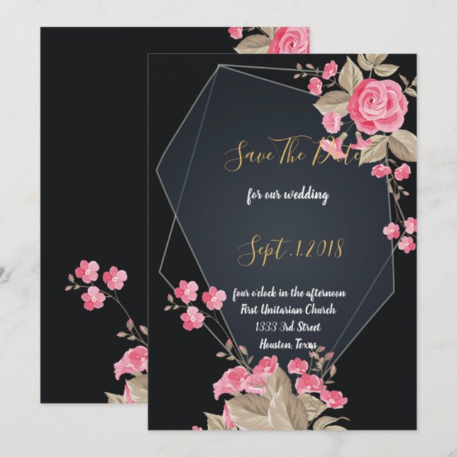 Chic Black & Gold Geometric Rahmen Save the Date Einladung (Vorne/Hinten)