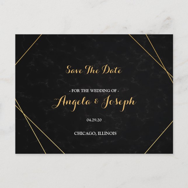 Chic Black & Gold Geometric Rahmen Save the Date Postkarte (Vorderseite)