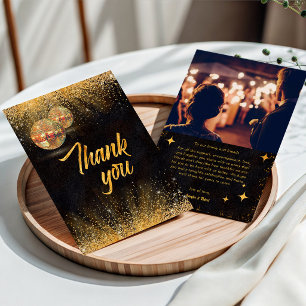 Chic Black Gold Glitter Disco-Kugeln Hochzeitsfoto Dankeskarte