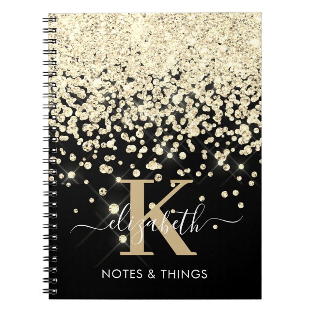 Chic Black Gold Glitzer Diamond Mit Monogramm Notizblock (Vorderseite)