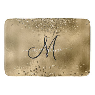 Chic Black Gold Glitzer Monogram Name Badematte