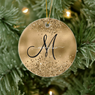 Chic Black Gold Glitzer Monogram Name Keramik Ornament