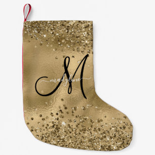 Chic Black Gold Glitzer Monogram Name Kleiner Weihnachtsstrumpf