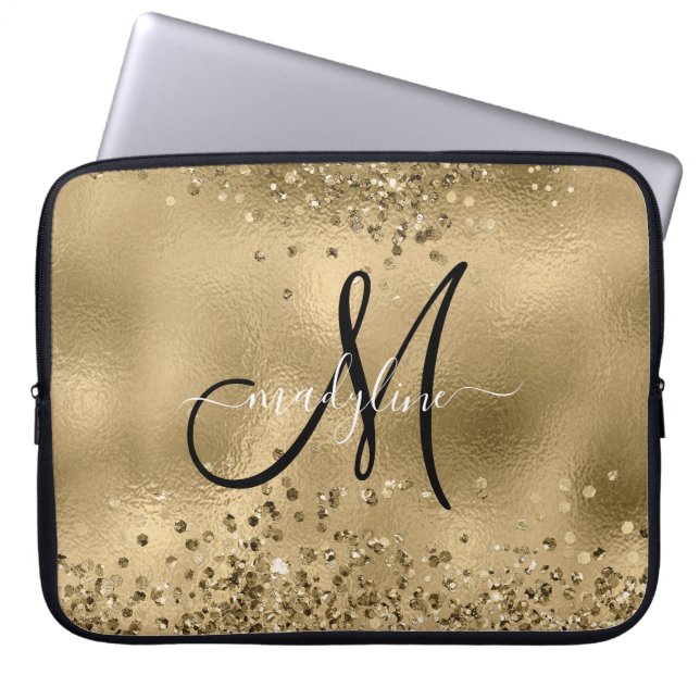 Chic Black Gold Glitzer Monogram Name Laptopschutzhülle (Vorderseite)
