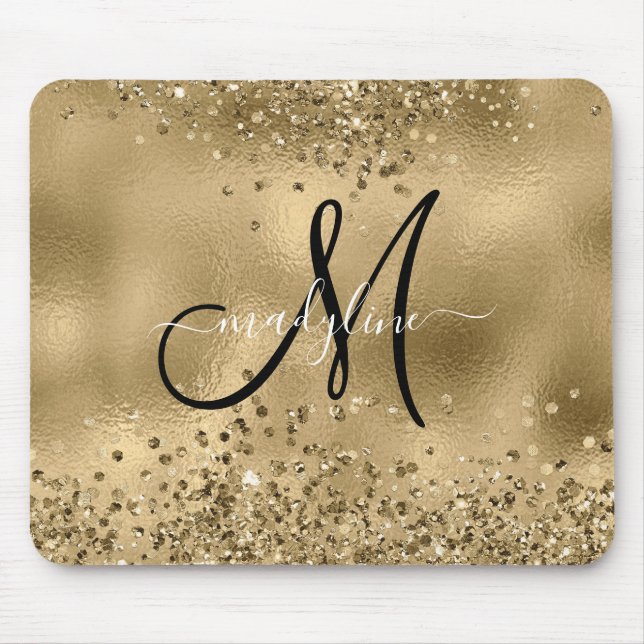 Chic Black Gold Glitzer Monogram Name Mouse Pad Mousepad (Vorne)