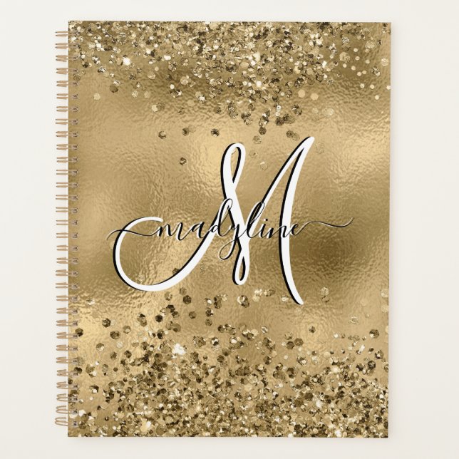Chic Black Gold Glitzer Monogram Name Plane Planer (Vorderseite)